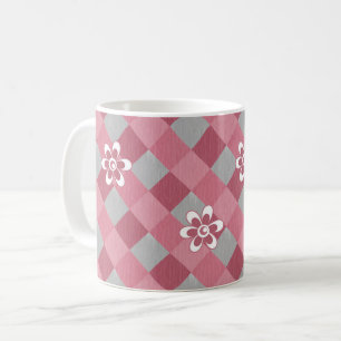 Caneca De Café Xadrez cinza e rosa com flores de camomila