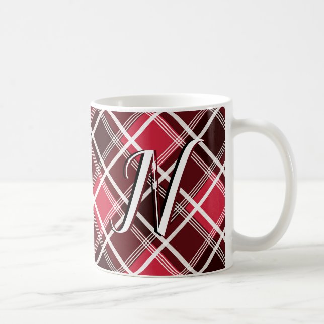 Caneca De Café Xadrez Clássica de Tartan Vermelho Monograma Preto (Direita)