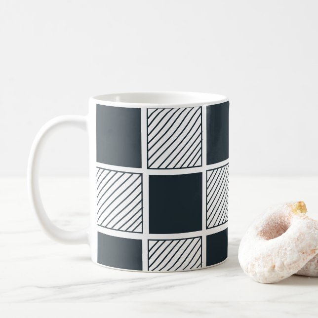 Caneca De Café Xadrez Cool Preto e Azul Marinho Branco  (Com Donut)