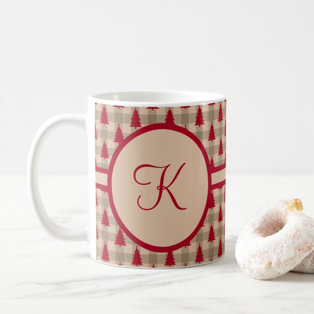 Caneca De Café Xadrez de Búfalo Vermelho Marrom Monograma Rústico (Com Donut)
