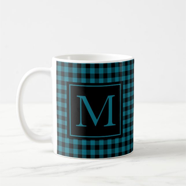 Caneca De Café Xadrez De Búfalos Azul E Preto Monograma (Esquerda)