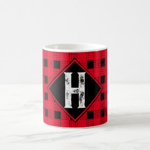 Caneca De Café xadrez de búfalos modernos vermelho e preto Monogr