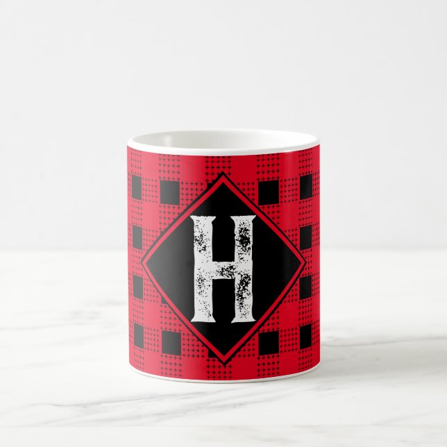 Caneca De Café xadrez de búfalos modernos vermelho e preto Monogr (Centro)