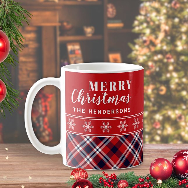 Caneca De Café Xadrez de Tartan Vermelho Festivo Personalizado Na (Criador carregado)