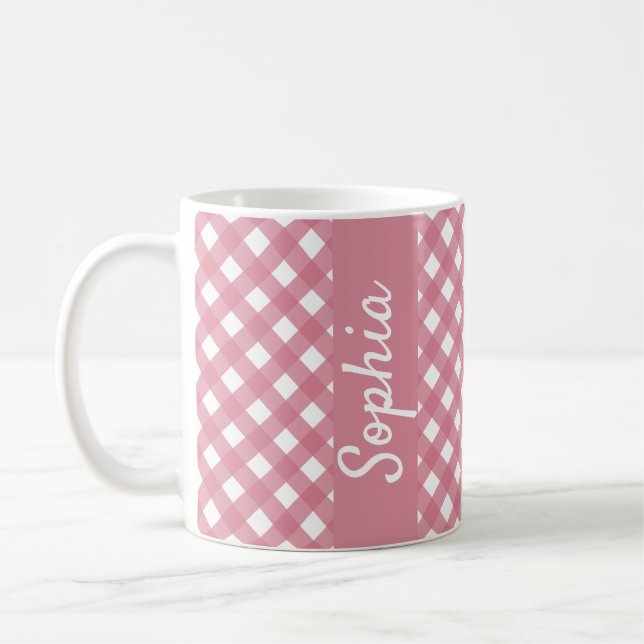 Caneca De Café Xadrez de verificação de Gingham branco rosa (Esquerda)