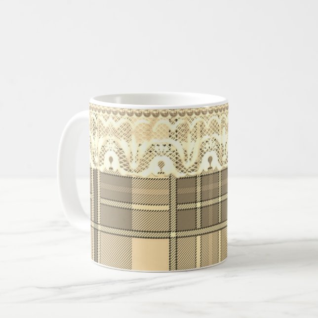Caneca De Café Xadrez e renda ouro e creme giro giro (Frente Esquerda)