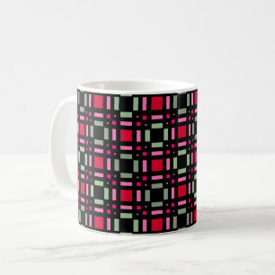 Caneca De Café Xadrez geométrico verde vermelho listras pretas