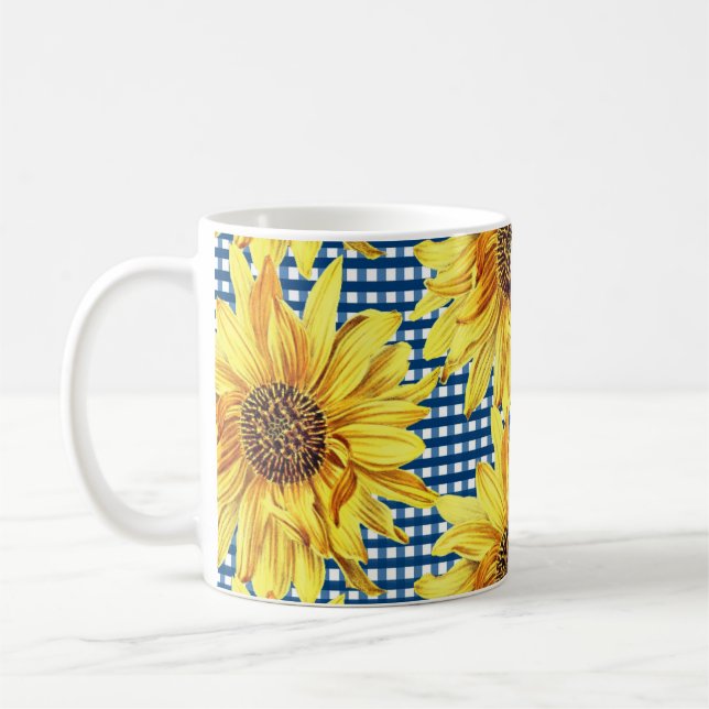 Caneca De Café Xadrez Gingham Azul com Girassóis (Esquerda)