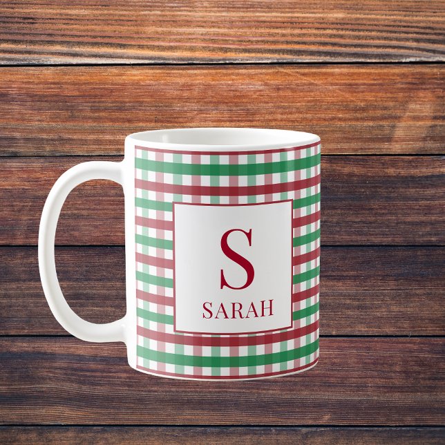 Caneca De Café Xadrez Gingham Vermelho e Verde com Nome e Monogra (Red & Green Gingham Plaid Monogram Name Coffee Mug
)