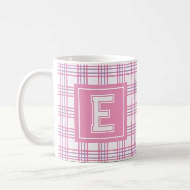 Caneca De Café Xadrez Moderno Préppy Rosa Roxo Monograma (Esquerda)