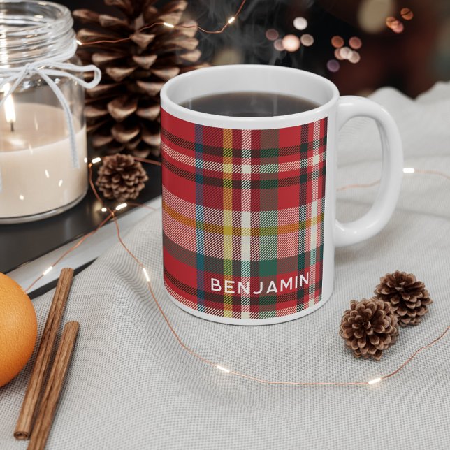 Caneca De Café Xadrez personalizada, Natal da Rússia Vermelha (Plaid Rustic Personalized 11oz Christmas Holidays Hot Coffee Mug)