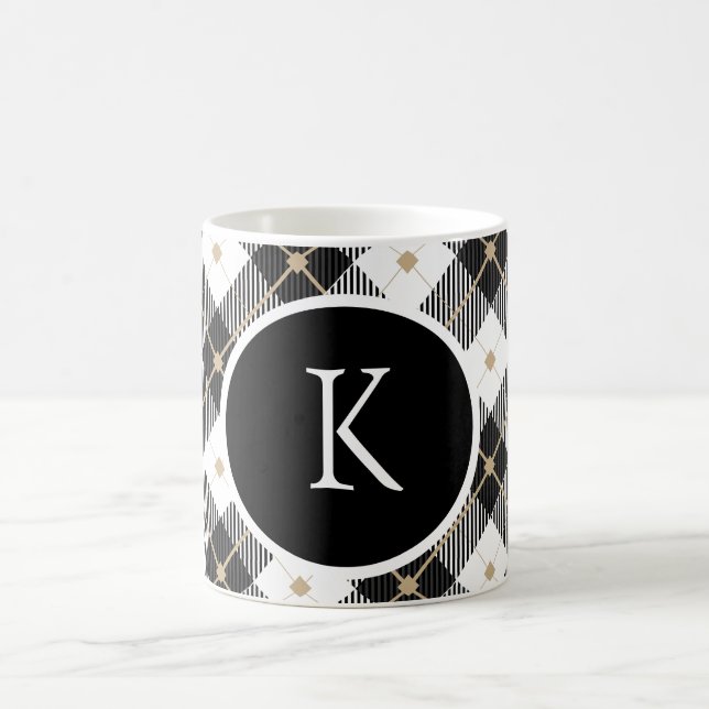Caneca De Café Xadrez Preto Branco Dourado Personalizado com Mono (Centro)