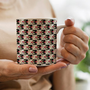Caneca De Café xadrez preto e branco Floral Rosa único