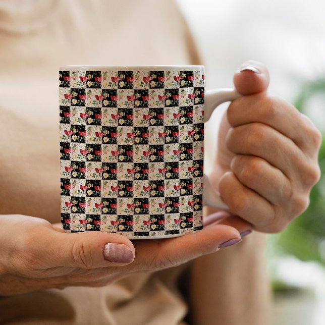 Caneca De Café xadrez preto e branco Floral Rosa único (Criador carregado)