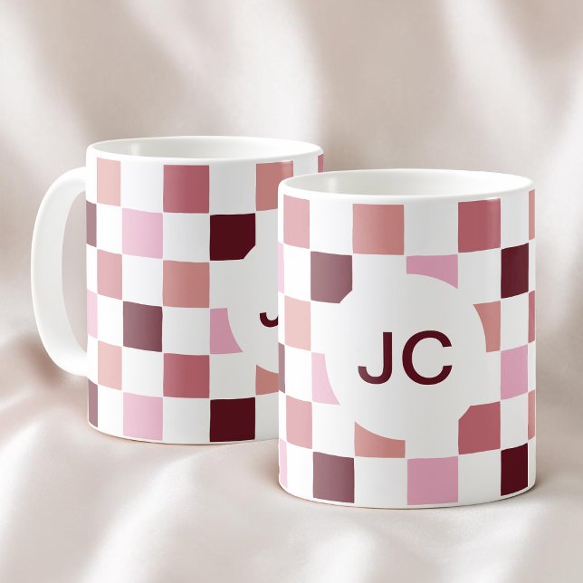 Caneca De Café Xadrez Rosa Borgonha Monograma Moderno Simples (Monogram Checkered Pink Burgundy Modern Simple Coffee Mug)