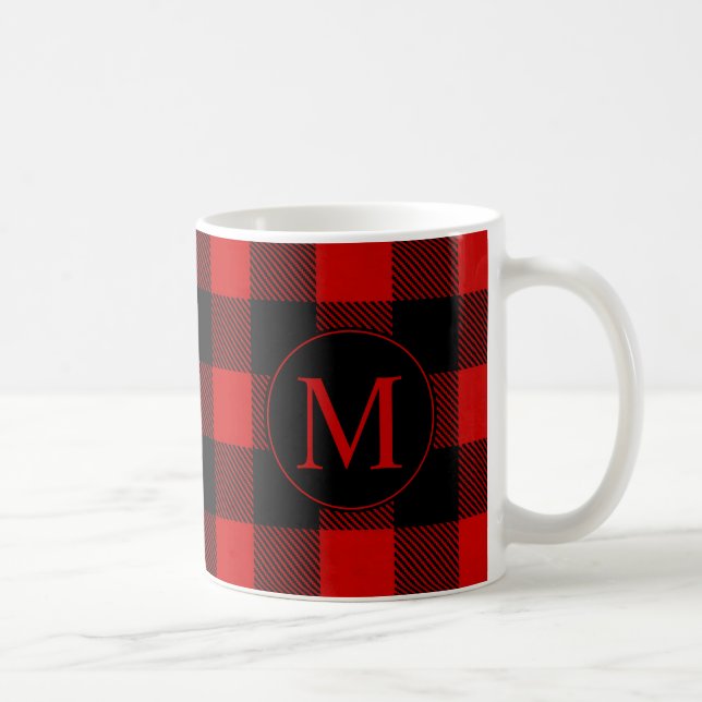 Caneca De Café Xadrez Rústica de Buffalo Vermelho com Monograma P (Direita)