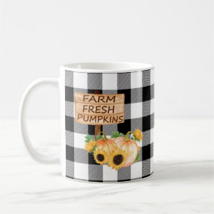 Caneca De Café Xadrez Rústico Preto e Branco com Abóboras de Outo