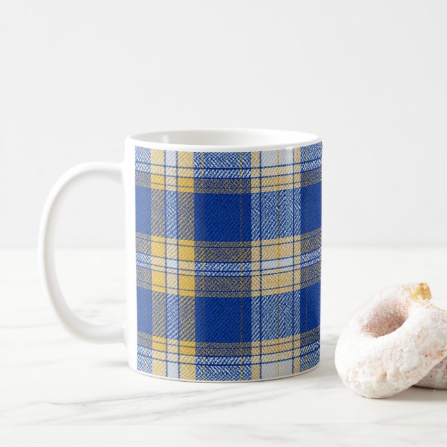 Caneca De Café Xadrez Tartan Azul e Amarelo  (Com Donut)