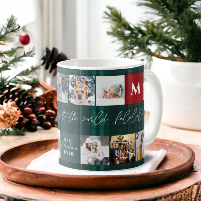 Caneca De Café Xadrez verde da melhor vovó (Christmas 8 photos grid best grandma green plaid coffee mug)