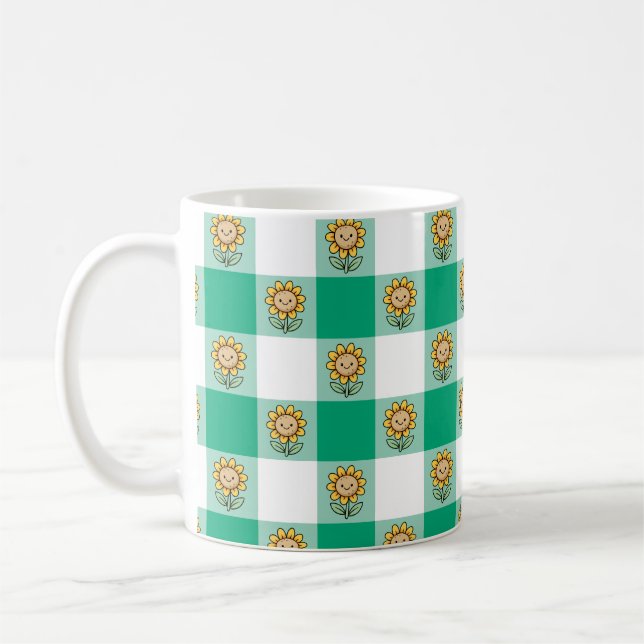 Caneca De Café Xadrez Verde e Girassóis Amarelos (Esquerda)