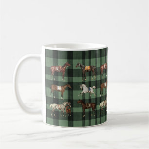 Caneca De Café Xadrez Verde Elegante Vintage com Cavalos Selados