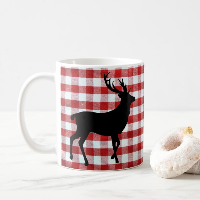 Caneca De Café Xadrez vermelha com veado preto (Com Donut)