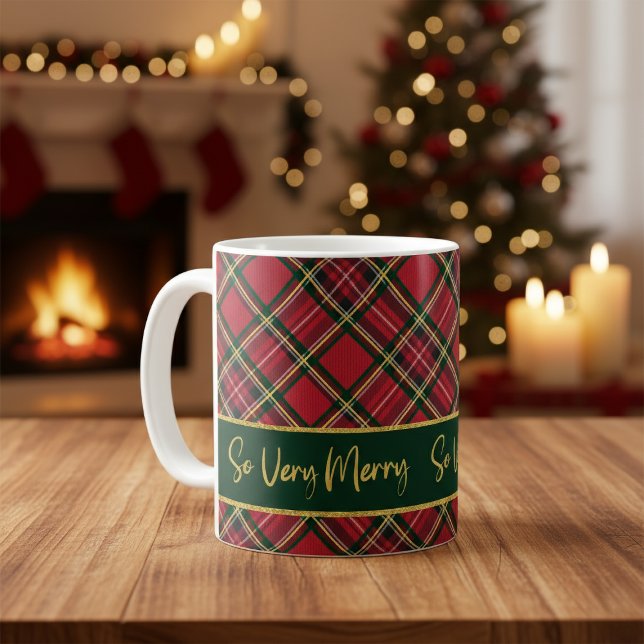 Caneca De Café Xadrez Vermelha Tartan Dourada Tão Feliz (Red Tartan Plaid Gold So Very Merry Coffee Mug)