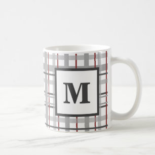 Caneca De Café Xadrez Vermelho Cinza Prata Monograma