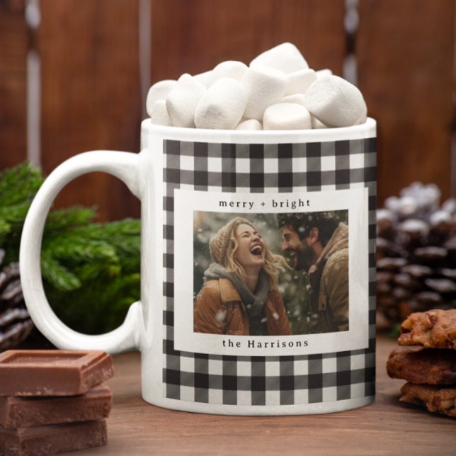 Caneca De Café Xmas Moderno de Xadrez Rústico com Foto e Monogram (Criador carregado)