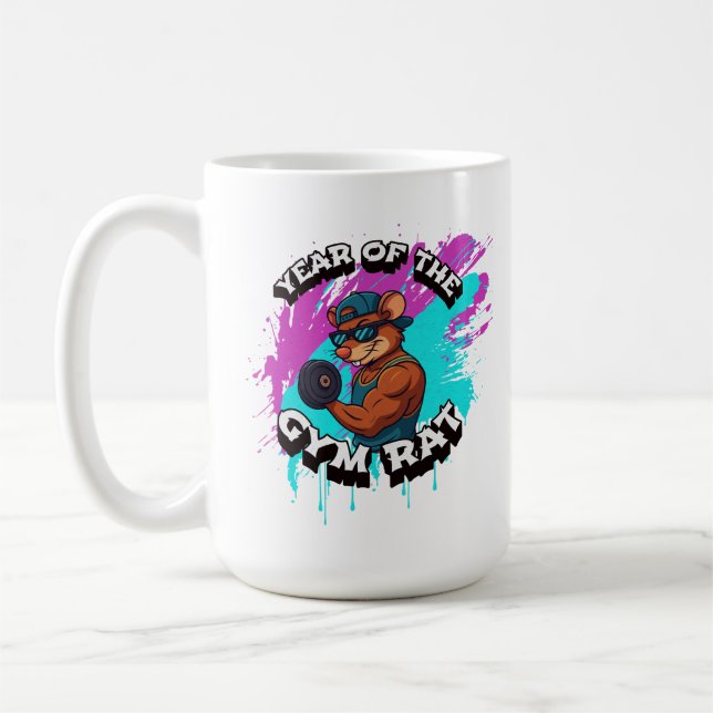 Caneca De Café Year of the Gym Rat Funny Workout Cartoon Design (Esquerda)