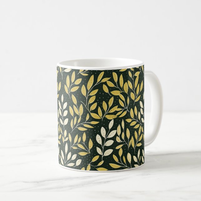 Caneca De Café Yellow and Cream Leafy Branches Pattern  (Frente Esquerda)