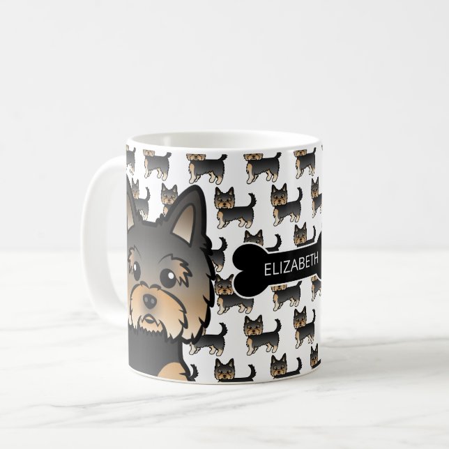 Caneca De Café Yorkie Black & Tan Com Osso De Cachorro E Nome (Frente Esquerda)