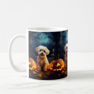 Caneca De Café Yorkipoo do Halloween Com Pumpkins Assustado