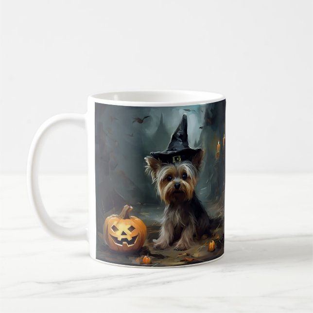 Caneca De Café Yorkshire Terrier Abóboras Dia das Bruxas Assustad (Esquerda)