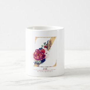 Caneca De Café Z Monograma Floral Vermelho e Marinho Azul