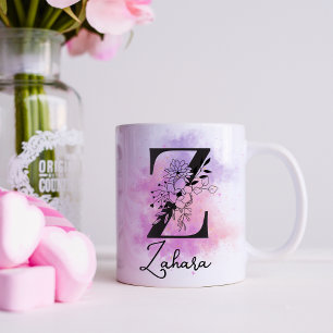 Caneca De Café Z Monograma Letra Preta Floral Roxo Rosa