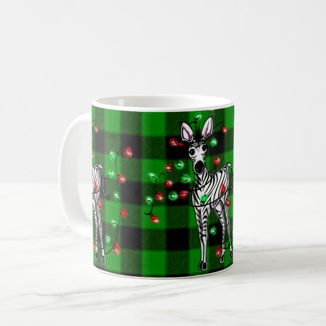 Caneca De Café Zebra Natal, tartã verde, luzes cintilantes      (Frente Esquerda)