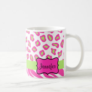 Caneca De Café Zebra rosa e branca e pele de Cheeta personalizada