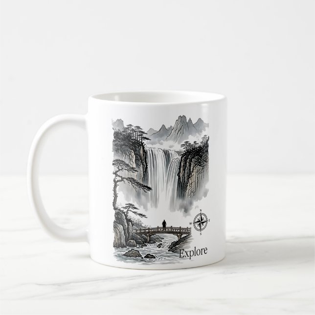 Caneca De Café Zen Waterfall Mountain Ink Art Explore Compass (Esquerda)