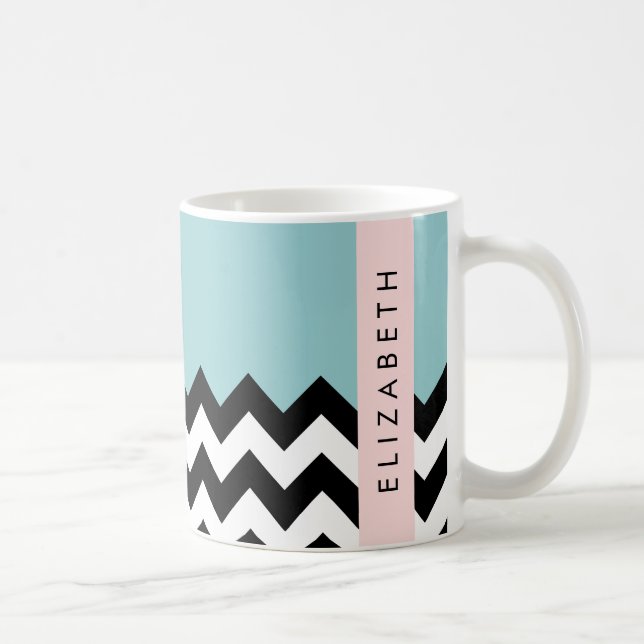 Caneca De Café Zigzag preto-e-branco, Chevron, azul, seu nome (Direita)