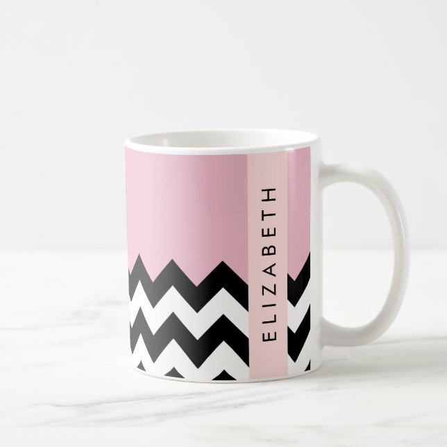 Caneca De Café Zigzag preto-e-branco, Chevron, rosa, seu nome (Direita)