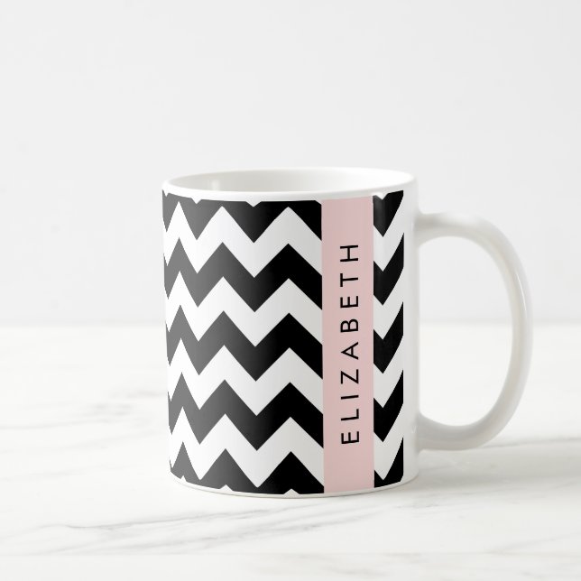 Caneca De Café Zigzag preto-e-branco, padrão Chevron, seu nome (Direita)