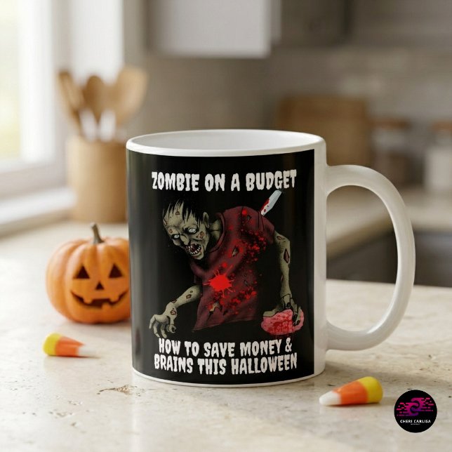 Caneca De Café Zumbi Engraçado No Halloween Com Orçamento Limitad (Caffeine budget intact. Brain budget questionable. ☕🧟‍♂️)