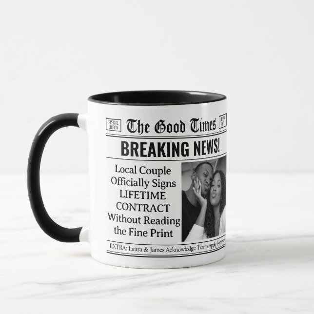 Caneca de Casamento Personalizada, Jornal Presente (Esquerda)