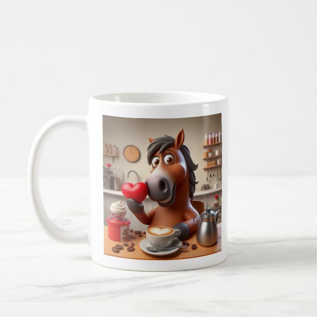 Caneca de cavalo, branca, com café e corações (Esquerda)