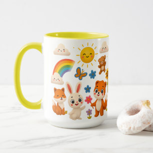 Caneca de Cerâmica Animais Alegres e Arco-íris