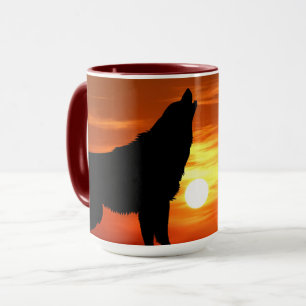 Caneca de Cerâmica Lobo Uivando ao Pôr do Sol