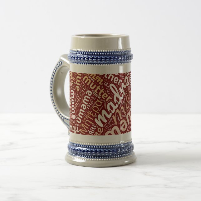 Caneca De Cerveja 60 Palavras para 'Mãe' em Diferentes Idiomas (Frente Esquerda)