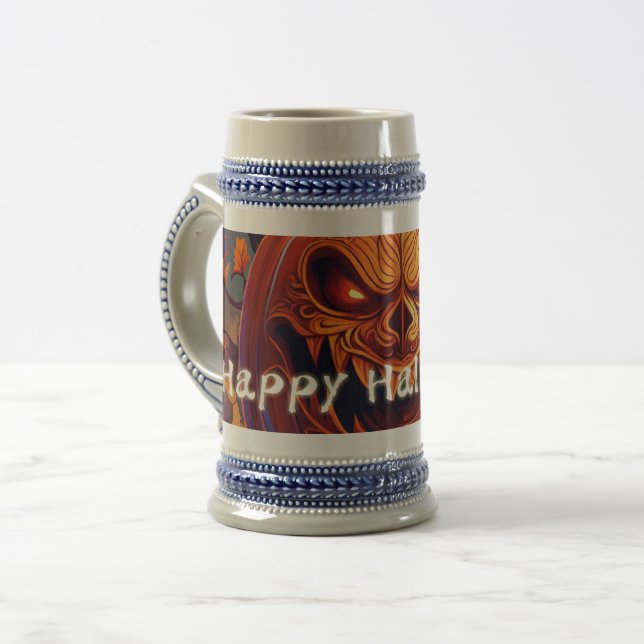Caneca De Cerveja Abóbora Laranja Assustadora com Rosto, Halloween (Frente Esquerda)