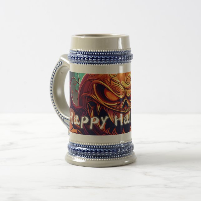 Caneca De Cerveja Abóbora Laranja Assustadora com Rosto, Halloween (Frente Esquerda)